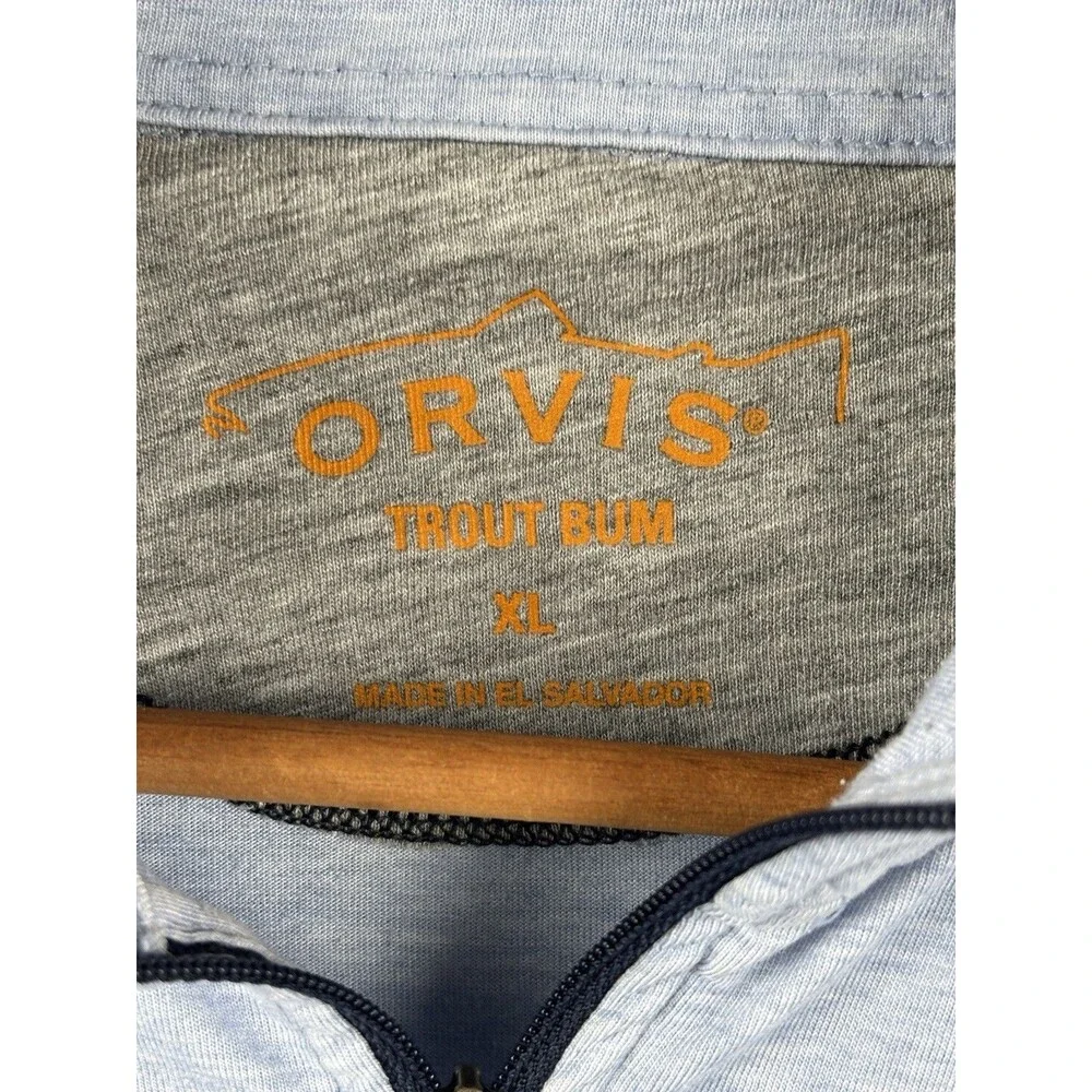 Orvis Sweater Men XL blue Gray 1/4 Quarter Zip Pockets Trout Bum Sweatshirt